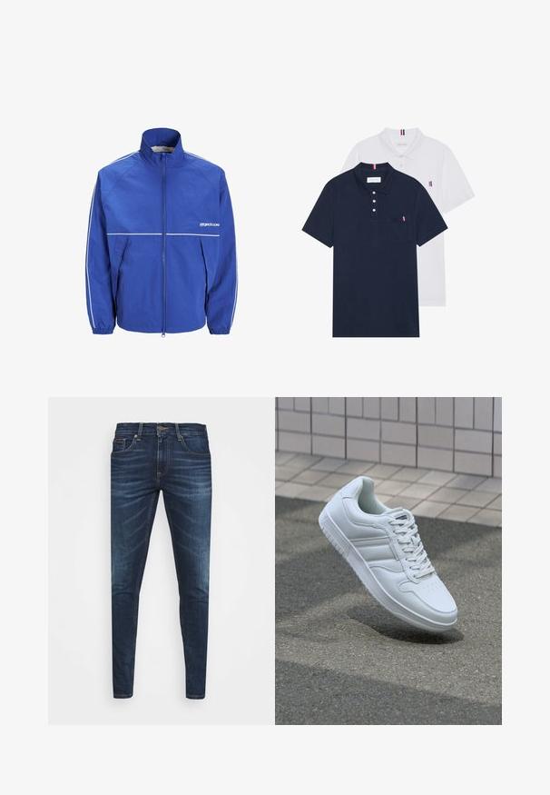 Blauwe windjack met hoge kraag, ritssluiting aan de voorkant, elastische manchetten en witte accenten op de mouwen en borst. Licht, gestructureerde stof.; Twee polo shirts: één marineblauw en één wit, beide met een kleine rood, wit en blauwe accent op de borstzak en kraag.; Donkerblauwe denim jeans met een slim fit, subtiele vervaging, vijf zakken en een metalen knoopsluiting. Gestikte accenten in contrasterende kleur.; Witte sportsneaker met een glad leren bovenwerk, vetersluiting aan de voorkant, geperforeerde neus en een geprofileerde zool. Minimalistisch ontwerp met drie zijstrepen.