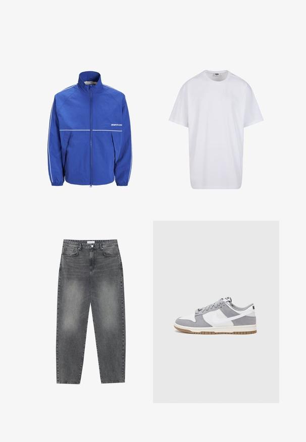 Sinine tuulejope kõrge kaelusega, ees lukk, elastsed mansetid ja valged aktsendid varrukatel ja rinnal. Kerge, tekstuuriga kangas.; Valge puuvillane t-särk lühikeste varrukatega, ümmarguse kaelusega, lõdva lõikega ja ilma nähtavate logodeta või mustriteta. Sile tekstuur ja minimaalne disain.; Kõrgema vöökohtadega, lõdva lõikega teksad, mis on valmistatud tuhmist mustast denimist. Selles on viis taskut, traksid ja puhas, sirge säärelõige.; Halli ja valge tennis鞋, millel on nubuk- ja nahkdetailid, ümar varvas, lamedad nöörid ning kummist tald, millel on kola aktsent.