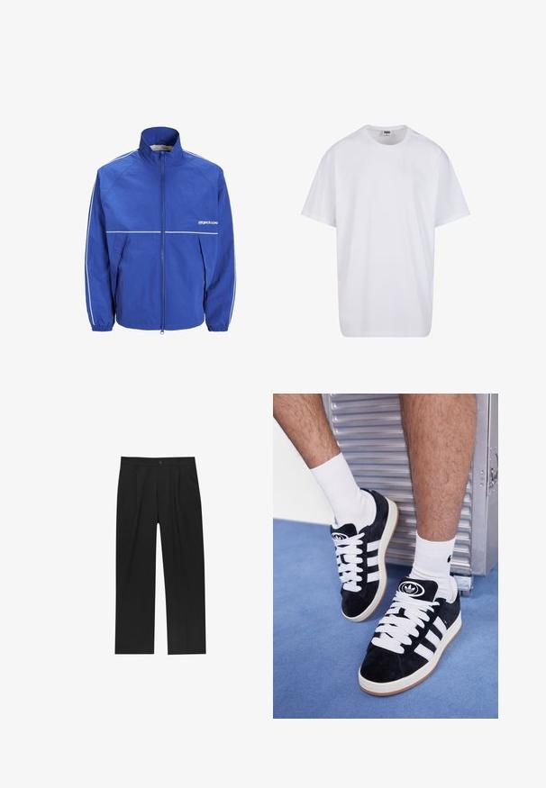Plava vjetrovka s visokim ovratnikom, prednjim patentnim zatvaračem, elastičnim manžetama i bijelim detaljima na rukavima i prsima. Lagana, teksturirana tkanina.; Bijela pamučna majica s kratkim rukavima, zaobljenim izrezom, opuštenog kroja, bez vidljivih logotipa ili uzoraka. Glatka tekstura i minimalni dizajn.; Crne hlače ravnog kroja, izrađene od glatkog materijala. Imaju prednje nabore i jedan dugme na struku.; Crne nubuk tenisice s bijelim vezicama i tri bijele pruge. Imaju kružni crni logo na jeziku i gumeni potplat.