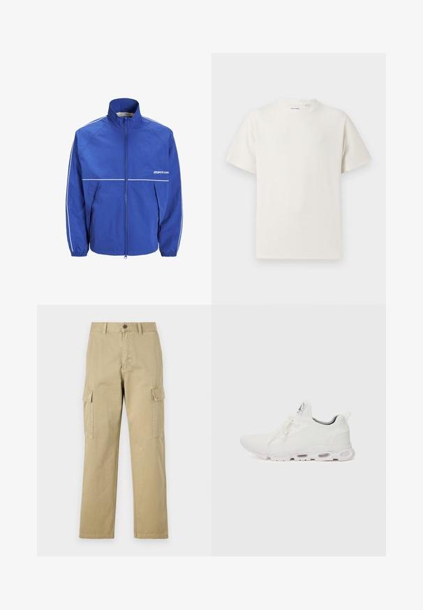 Blue windbreaker jacket with a high collar, front zipper, elastic cuffs, and white accents on the sleeves and chest. Light, textured fabric.; White short-sleeve T-shirt in a ribbed texture. Round neckline, relaxed fit, no visible patterns or accents. Simple and versatile design.; Beige cargo pants made of cotton, featuring two side pockets, a button closure, and straight legs with a slightly textured fabric.; White athletic shoes featuring a textured knit upper, flat laces, and a cushioned sole with visible air chambers for added support.