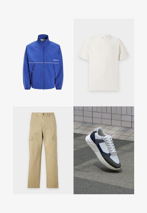 Kék széldzseki magas gallérral, elülső cipzárral, rugalmas mandzsettákkal, valamint fehér részletekkel a ujjakon és a mellen. Könnyű, texturált anyag.; Fehér, rövid ujjú póló bordázott textúrával. Kerek nyakkivágás, laza szabás, nincs látható minta vagy díszítés. Egyszerű és sokoldalú dizájn.; Beige vászon cargo nadrág, két oldalsó zsebbel, gombos záródással, egyenes lábakkal és enyhén texturált anyagból készült.; Fehér, tengerészkék és szürke sneaker vegyes anyagokból készült dizájnnal, amely textúrázott felsőrésszel, lapos fűzőkkel és párnázott talppal rendelkezik.