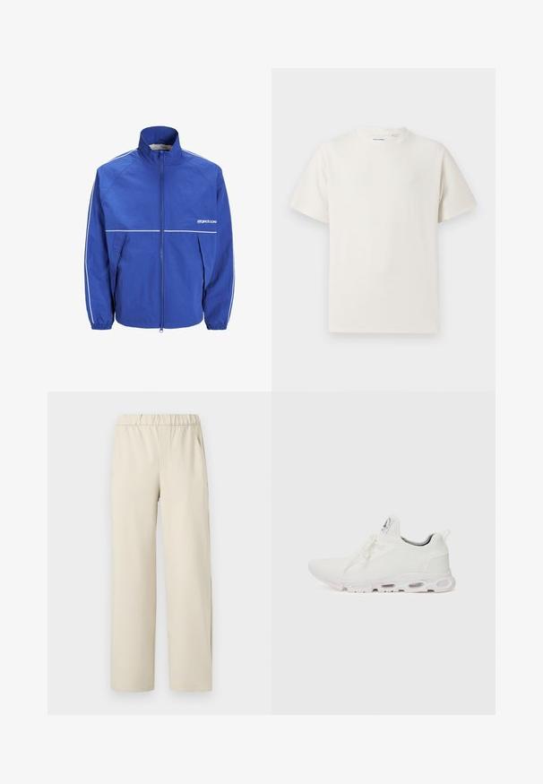 Blå vindtett jakke med høy krage, frontglidelås, elastiske mansjetter og hvite detaljer på ermene og brystet. Lett, teksturert stoff.; Hvit T-skjorte med kort erm i ribbestrikket tekstur. Rund hals, avslappet passform, ingen synlige mønstre eller detaljer. Enkelt og allsidig design.; Beige bukse med vid benvidde og elastisk midje, laget av mykt stoff. Har en jevn tekstur og ingen synlige mønstre eller detaljer.; Hvite atletiske sko med et teksturert strikket overdel, flate snører og en polstret såle med synlige luftkamre for ekstra støtte.