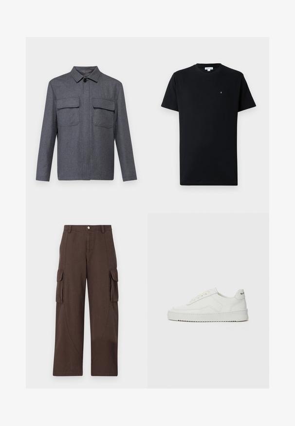 LARDINI GIACCA CAMICIA UOMO - Summer jacket - grey; Black short-sleeve t-shirt made of cotton, featuring a round neckline and a small circular logo on the chest. Smooth texture.; Han Kjøbenhavn CARGO TROUSERS - Cargo trousers - dark brown; White leather sneaker with a smooth finish, round toe, flat laces, and a textured sole. Features a subtle logo on the heel.