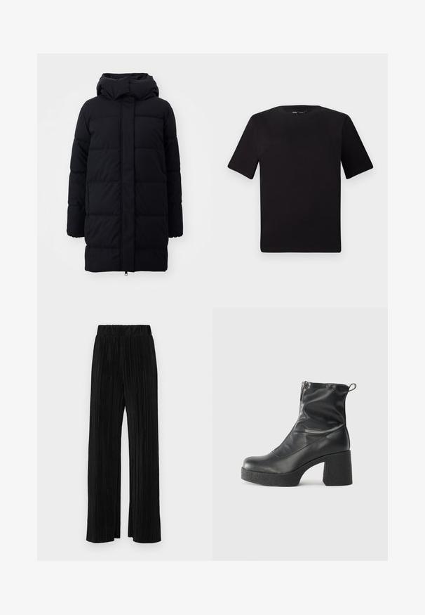 Juodas pūkinis paltas su kapišonu, su lygiu paviršiumi, siuvinėta dizainu ir priekiniais užtrauktukais. Pasiekia vidurinę šlaunų dalį.; Juodas trumpas rankovės marškinėlis su apvaliu iškirpimu, pagamintas iš minkštos medvilnės medžiagos. Paprastas dizainas, be matomų logotipų ar raštų.; Juodi plisuoti kelnės su elastine juosta. Turėkite plačias kojas ir glotnų, tekstūrinį audinį su vertikaliais dryžiais.; Juodos kulkšninių botai, pagaminti iš lygaus odos, su šoniniu užtrauktuku, masyviu tekstūruotu kulnu ir apvaliu pirštu.