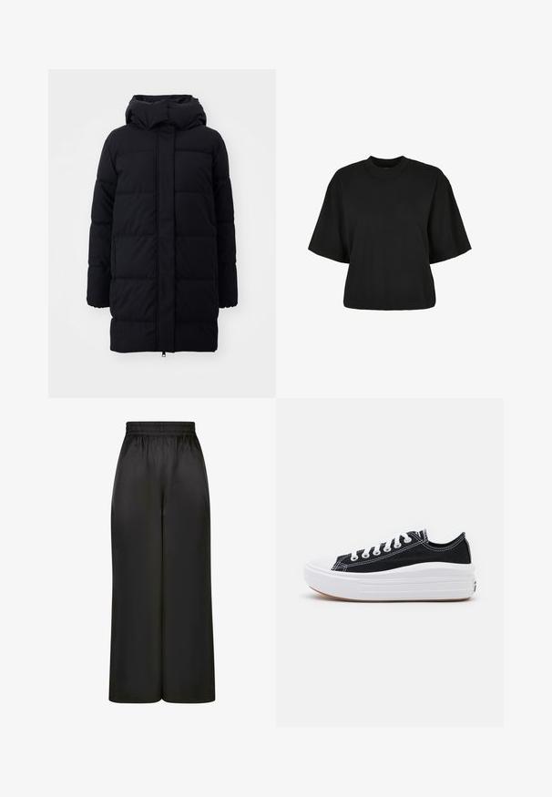 Melnā pūkaina jaka ar kapuci, ar gludu tekstūru, quiltētu dizainu un priekšējo rāvējslēdzēju. Garums līdz pusei augšstilba.; Melnas īsā piegriezuma T-kreklis no kokvilnas. Tam ir īsas piedurknes un apaļa izgriezne. Gluda tekstūra ar vienkāršu dizainu, bez papildu rakstiem.; Melni plaši bikses, izgatavotas no gludas, spīdīgas auduma, ar elastīgu jostu un bez redzamām kabatām vai aparatūras detaļām.; Melni kanvas sporta apavi ar baltām šņorēm, baltu gumijas purngalu un masīvu baltu zoli. Iezīmējas ar smalku baltu šuvumu un gumiju zoli.