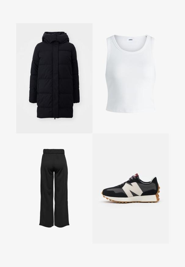 Crna puf jakna s kapuljačom, s glatkom teksturom, kockastim dizajnom i prednjim zatvaračem. Dugačka je do sredine bedara.; Bijela rebrasta majica bez rukava s okruglim izrezom i skraćenom dužinom. Na etiketi piše "JJXX." Glatka tekstura tkanine.; Crne hlače širokih nogavica s elastičnom waistbandom, izrađene od glatkog materijala. Imaju jednostavan dizajn bez džepova ili vidljivih šavova.; Crne i sive suede tenisice s velikim kremastim logom "N", ljubičastim pertlama i teksturiranim gumiranim potplatom.