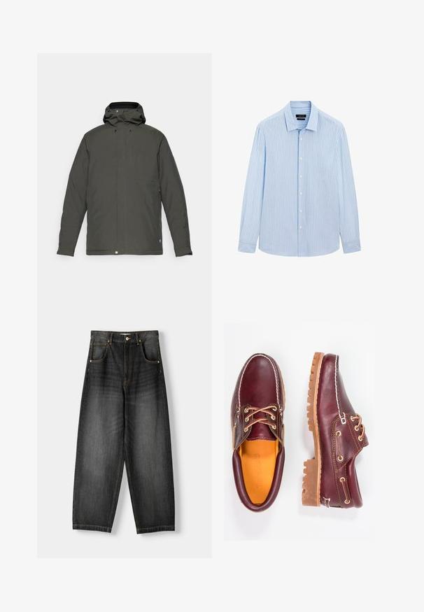 Dunkelgrüne, wasserabweisende Jacke mit Kapuze, vorn mit Reißverschluss, vier Taschen und Knopfverschluss am Saum. Glatte Textur.; Hellblaues Button-up-Hemd mit vertikalen weißen Streifen, langen Ärmeln, kragenähnlichem Ausschnitt und geradem Saum. Baumwollmischgewebe.; Dunkelblaue weite Denim-Jeans mit hoher Taille, fünf Taschen, kontrastierender goldener Steppnaht und Knopfverschluss. Flatter Front und gerade Beine.; Bordeauxfarbene Lederschuhe mit braunen Gummisohlen, runder Zehenform, weißen Nähten und goldenen Ösen. Das Innenfutter weist eine gelbe Beschichtung auf.