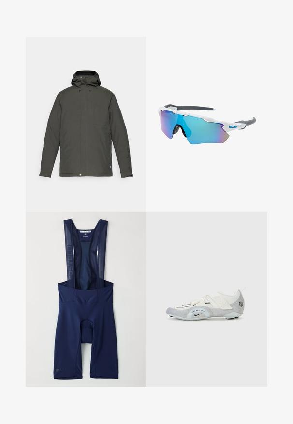 Chaqueta de color verde oscuro, resistente al agua y con capucha, que cuenta con un cierre frontal de cremallera, cuatro bolsillos y un cierre de botón en el dobladillo. Textura suave.; Jersey de ciclismo marrón de mangas cortas con cremallera completa, que presenta franjas reflectantes blancas y acentos de malla. Logo de la marca exhibido en la parte frontal.; Pantalones cortos de ciclismo de la marina con tirantes de malla, asiento acolchado y aberturas de pierna ajustadas. Presenta un sutil logo en la pierna izquierda. Tejido suave y elástico.; Zapatillas de ciclismo blancas y plateadas con parte superior de malla, acentos texturizados, correas ajustables y suela de goma para agarre y estabilidad.; Gafas de sol con montura blanca, detalles grises y lentes espejados azules. Diseño deportivo, forma envolvente y almohadillas para la nariz ajustables.
