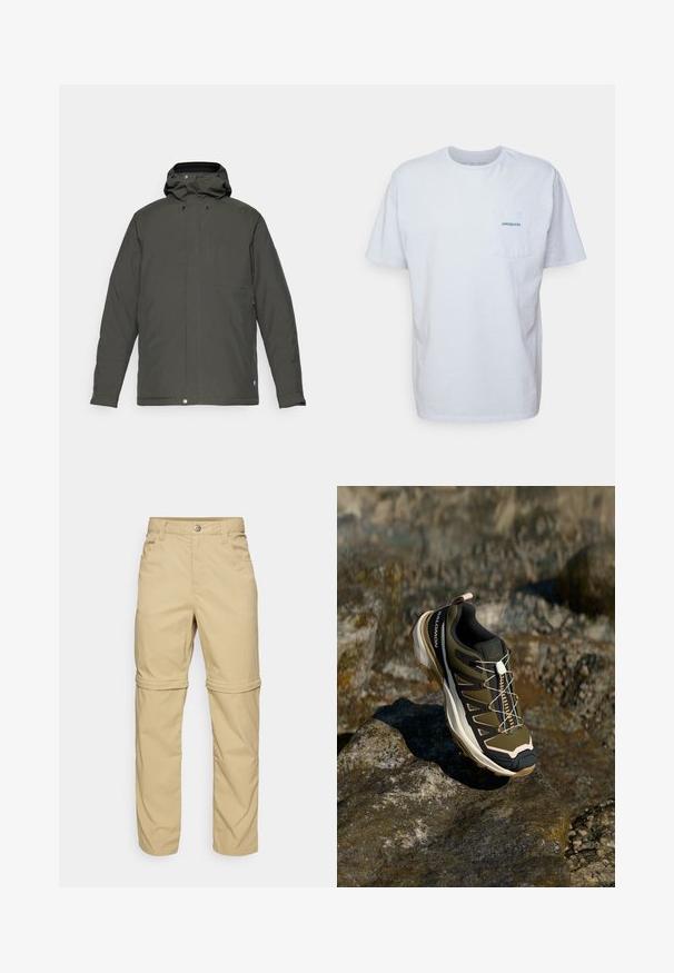 Ciemnozielona, wodoodporna kurtka z kapturem, z zamkiem z przodu, czterema kieszeniami i zapięciem na guzik u dołu. Gładka tekstura.; Biała bawełniana koszulka z krótkim rękawem, okrągłym dekoltem i kieszonką na lewej piersi z niebieskim logo "Patagonia". Klasyczny krój o gładkiej fakturze.; Beżowe spodnie z zamkiem błyskawicznym, o gładkiej fakturze, z dwiema bocznymi kieszeniami, zapięciem na guzik i podwijanymi mankietami dla wszechstronności.; Buty trekkingowe w oliwkowym zielonym i czarnym kolorze z różowymi akcentami. Posiadają teksturowaną górę, elastyczną podeszwę, wzmocniony czubek oraz kolorowy system sznurowania.
