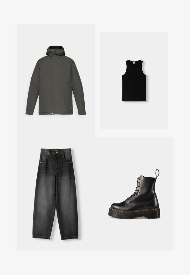 Dark green, water-resistant jacket with a hood, featuring a front zip, four pockets, and a button closure at the hem. Smooth texture.; Black tank top with a rounded neckline and wide shoulder straps. Made of soft fabric, featuring a smooth texture and simple design.; Dark denim wide-leg jeans with a high waist, five pockets, contrasting gold stitching, and a button closure. Flat front and straight legs.; Black leather lace-up ankle boots with a chunky black sole and yellow stitching. Features a pull tab at the back and circular metal eyelets.