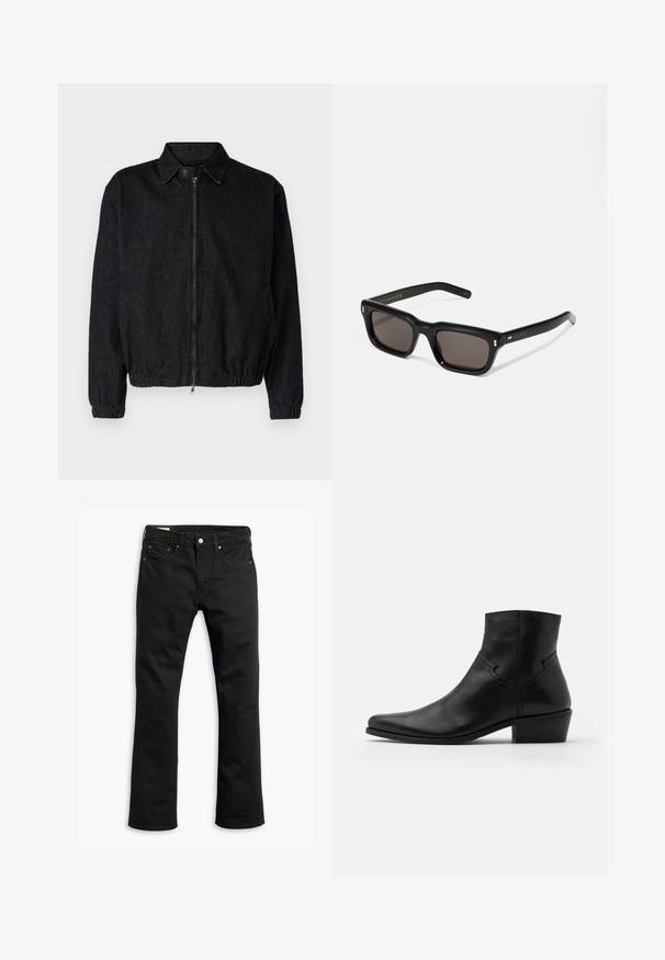 Zwarte spijkerjack met een kraag, voorrits, elastische zoom en manchetten, en zijzakken. Schoon ontwerp zonder zichtbare logo's.; Beige lange mouw crewneck sweatshirt, gemaakt van zacht materiaal, met ribgebreide manchetten en zoom, met een gladde textuur en minimalistisch ontwerp.; Zwarte denim jeans met een recht gesneden ontwerp, vijf zakken, metalen knoopsluiting en subtiele stikseldetails. Gladde textuur en effen kleur.; Zwarte leren enkellaars met een spitse neus, minimale stiksels, een middellange blokhak en een gladde, gepolijste afwerking.; Zwarte rechthoekige zonnebril met donkere lenzen, een dik plastic montuur, gouden accenten op de veren en het merkembleem gegraveerd op de arm.