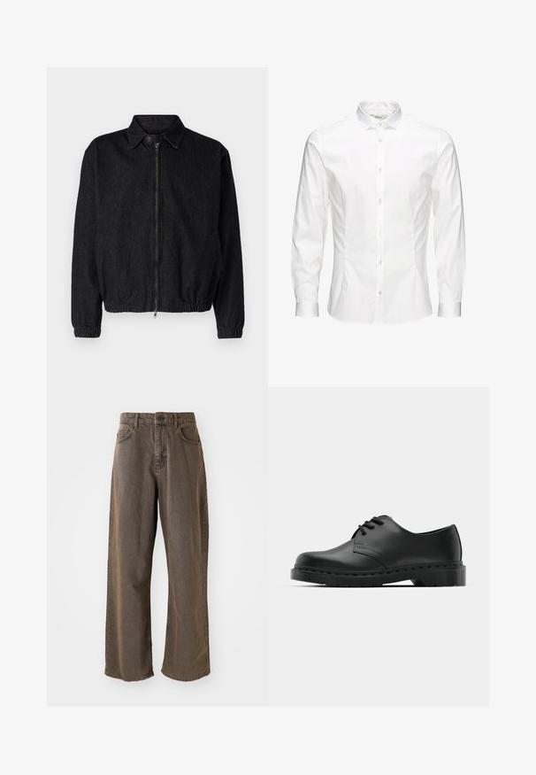 Črna jeans jakna s ovratnikom, sprednjim zadrgo, elastičnim robom in manšetami ter stranskimi žepi. Čist dizajn brez vidnih logotipov.; Bela srajca z dolgimi rokavi in gumbi, izdelana iz gladkega materiala. Ima klasičen ovratnik, sprednje gumbke in manšete z enim gumbom. Oblika je ozka.; Široke, rjave denim hlače s gumbom za zapiranje, zankami za pas in sprednjimi žepi. Tkanina ima rahlo zbledel videz.; Črne usnjene oksford čevlje z vezalkami, zaobljenim prstom, ravnim gumijastim podplatom in diskretnim šivanjem po zgornjem delu.