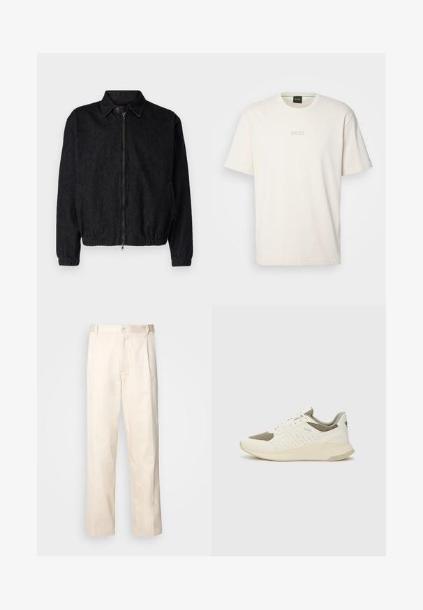 Svart denimjakke med krage, frontglidelås, strikket nederkant og mansjetter, samt sidelommer. Rent design uten synlige logoer.; BOSS TEE - T-shirts - open white; Beige bomullsbukser med rett benfatt, med knappelukking og folder foran for ekstra detaljer.; Hvit og lysebeige treningssko, med en mesh-overdel, perforerte detaljer og en teksturert mellomsåle med merkevare på hælen.