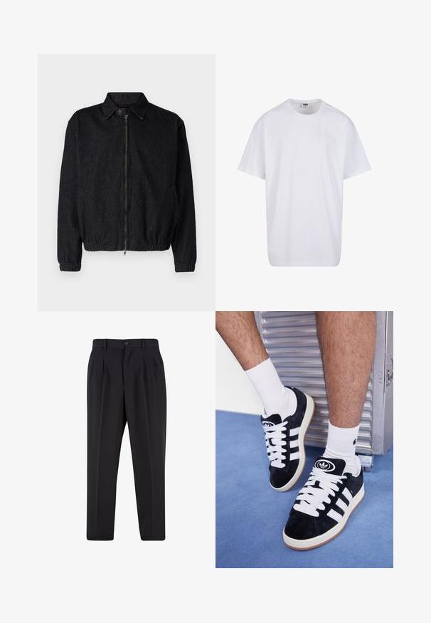 Črna jeans jakna s ovratnikom, sprednjim zadrgo, elastičnim robom in manšetami ter stranskimi žepi. Čist dizajn brez vidnih logotipov.; Bela bombažna majica s kratkimi rokavi, okroglim izrezom, sproščenim krojem in brez vidnih logotipov ali vzorcev. Gladka tekstura in minimalen dizajn.; Črne hlače z nabranim sprednjim delom, narejene iz gladkega materiala. Imajo gumbasto zapiranje in zanke za pas; ravne hlačnice.; Črne semiš teniske z belimi vezalkami in tremi belimi črtami. Imajo okroglo črno oznako na jezičku in gumijast podplat.