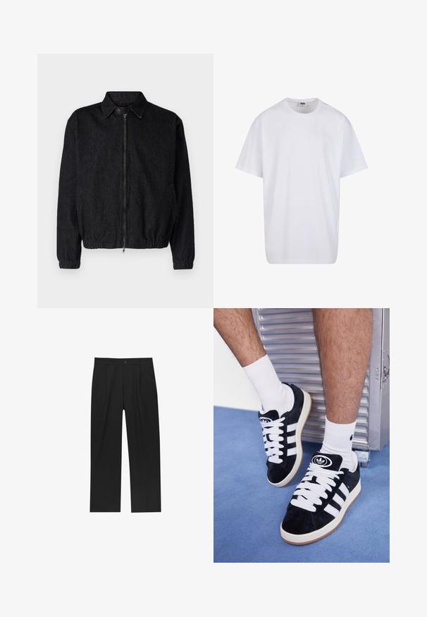Črna jeans jakna s ovratnikom, sprednjim zadrgo, elastičnim robom in manšetami ter stranskimi žepi. Čist dizajn brez vidnih logotipov.; Bela bombažna majica s kratkimi rokavi, okroglim izrezom, sproščenim krojem in brez vidnih logotipov ali vzorcev. Gladka tekstura in minimalen dizajn.; Črne hlače z ravnim krojem, narejene iz gladkega materiala. Imajo sprednje gube in enojno zaponko na pasu.; Črne semiš teniske z belimi vezalkami in tremi belimi črtami. Imajo okroglo črno oznako na jezičku in gumijast podplat.