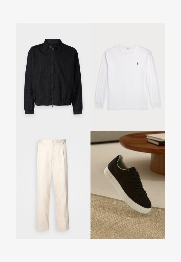 Svart denimjakke med krage, frontglidelås, strikket nederkant og mansjetter, samt sidelommer. Rent design uten synlige logoer.; Hvit langermet T-skjorte laget av bomull. Har rund hals, ribbestrikkede mansjetter, og en liten marineblå polo-logo på venstre bryst.; Beige bomullsbukser med rett benfatt, med knappelukking og folder foran for ekstra detaljer.; Svart sneakers med hvit såle som svever over en beige teksturert teppe nær et rundt trebord med stablede bøker.