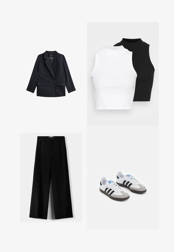 Donkerblauwe double-breasted blazer met witte krijtstrepen, notch-lapels, twee voorzakken en lange mouwen. Gladde stofstructuur.; Twee mouwloze ribgebreide coltruien in zwart en wit, met een slim fit ontwerp en een gladde textuur, met een cropped lengte.; Zwarte wijde broek van lichtgewicht stof, met een knoopsluiting aan de voorkant en een vlakke achterkant, afgewerkt met keurig gestikte zoom.; Sportschoenen met een witte leren bovenkant, grijze suède neus en drie zwarte strepen. Bevat een blauw logo op de tong en een gestructureerde rubberen zool.