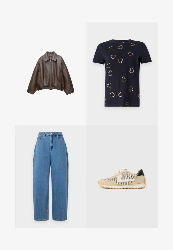 PULL&BEAR - Kurtka ze skóry ekologicznej; Granatowa koszulka z krótkim rękawem z bawełny z wzorami serc obrysowanymi złotem rozmieszczonymi po całej tkaninie. Okrągły dekolt. Miękka textura.; Jasnoniebieskie dżinsowe spodnie o prostym kroju, wysokim stanie i zapięciu na guzik z przodu. Posiadają pięć kieszeni i minimalne detale szycia.; Beżowe sneakersy z teksturowanego materiału, wzorzystymi akcentami, kremową gumową podeszwą i czarnym detalem na pięcie. Związany design z delikatnie wyściełanym kołnierzem.