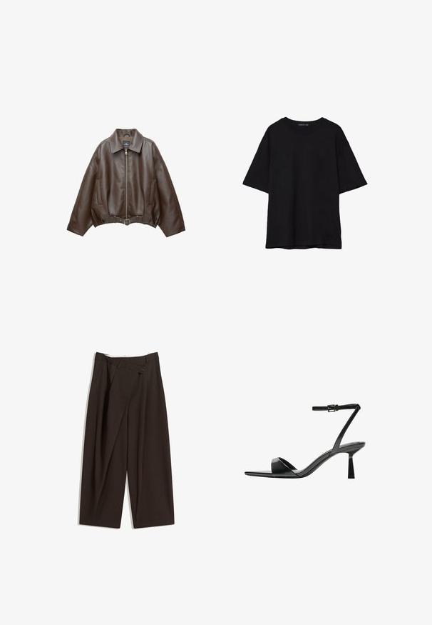 PULL&BEAR Imiteret læderjakke - dark brown; Sort bomulds T-shirt med en afslappet pasform, korte ærmer, rund halsudskæring og en glat tekstur. Ingen synlige mønstre eller accenter.; Mørkebrune brede bukser med høj talje, udstyret med en enkelt knaplukning og en plisseret front. Lavet af letvægtsstof.; Bershka Højhælede sandaletter / Højhælede sandaler - black