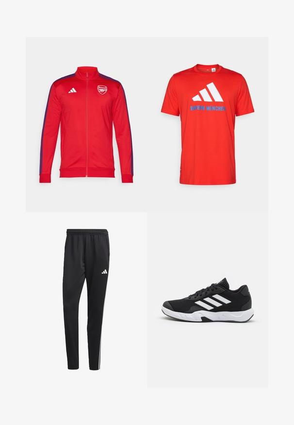 Punainen vetoketjullinen takki, jossa on korkea kaulus; siinä on siniset sivustripit ja valkoinen Arsenal-logo rinnassa. Valmistettu sileästä, kevyestä materiaalista.; Punainen puuvillapaita, jossa on valkoinen kolmiraidallinen logo ja "BAYERN MÜNCHEN" sinisellä. Pyöreä kaula-aukko ja lyhyet hihat, yksinkertainen muotoilu.; Mustat urheiluhousut, joissa on joustava vyötärö, valkoiset sivuraidat ja pieni valkoinen logo reidessä. Valmistettu sileästä, kevyestä materiaalista.; Mustat urheilukengät, joissa on teksturoitu verkkomateriaali yläosassa, valkoiset korostusraidat, pehmustettu pohja ja vahvistettu kanta tuen vuoksi.