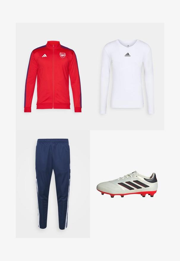 Giacca rossa con zip e colletto alto; presenta strisce laterali blu e un logo bianco dell'Arsenal sul petto. Realizzata in materiale liscio e leggero.; Maglietta atletica bianca a maniche lunghe realizzata in materiale morbido con logo Adidas nero sul petto; design a V e forma aderente.; Pantaloni da jogging sportivi navy con fascia in vita elasticizzata, gambe affusolate e strisce bianche sui lati. Realizzati in tessuto leggero e morbido.; Scarpa da calcio bianca con accenti neri e suola rossa. Presenta tre strisce nere sul lato e una tomaia liscia e testurizzata.