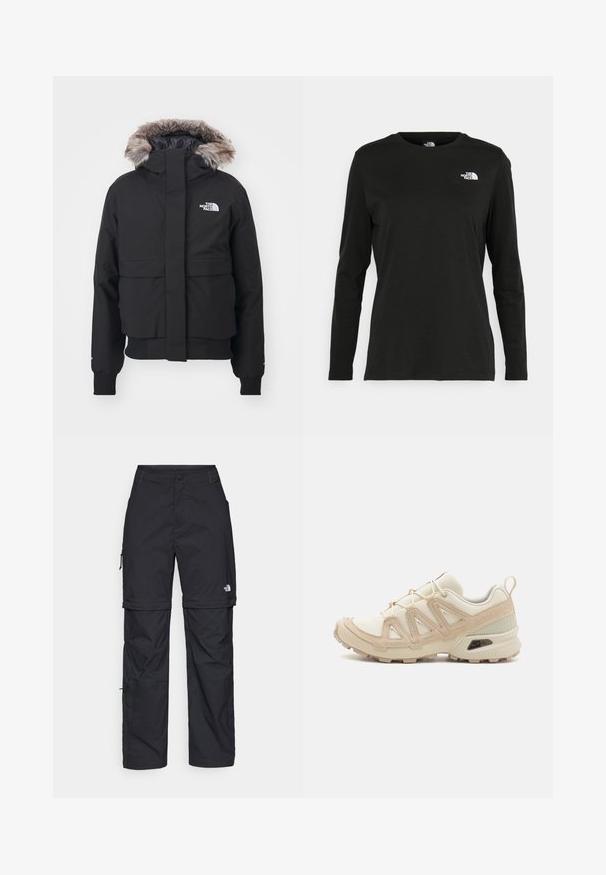 The North Face W ARCTIC BOMBER - Dunjacka - black; Svart långärmad t-shirt i bomull med rund hals. Har en liten vit logotyp på vänster bröstområde. Enkelt design och passform.; Svarta nylonbyxor med avtagbara ben, justerbara muddar, flera fickor och en logotyp på högra benet. Slät, lätt textur.; Beige och krämfärgad atletisk sko med texturerad meshovandel, stöttande överdrag och gummisulor med ett mönster för grepp.