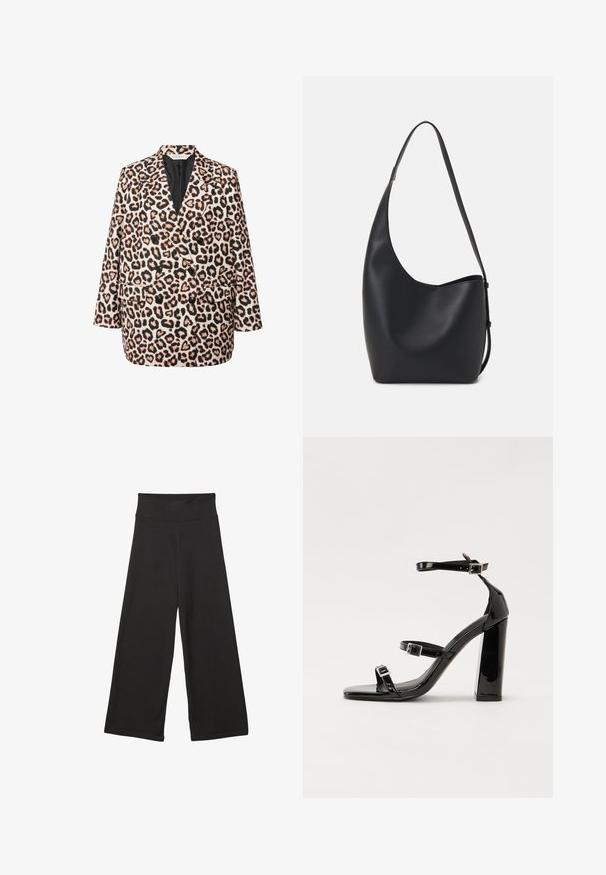 Leopardenmuster Doppelreiher-Blazer mit schwarzem Futter; ausgestattet mit vier schwarzen Knöpfen, zwei Fronttaschen und einer lässigen Passform.; Schwarzes ärmelloses Oberteil aus glattem Stoff, mit einem runden Ausschnitt und einer figurbetonten Passform, ohne sichtbare Muster oder Verzierungen.; Schwarze weit geschnittene Hosen mit einem hohen elastischen Bund, weichem Stoff und lockerer Passform, geeignet für legere Anlässe oder entspannte Umgebungen.; Schwarze patentierte Sandalen mit Absatz, quadratischer Spitze, Knöchelriemen und silbernen Schnallen. Mit einem stabilen Blockabsatz für mehr Stabilität.; Schwarze Leder-Hobo-Tasche mit einer glatten Textur, geschwungener Form und einem einzelnen verstellbaren Tragegurt; verfügt über eine weite Öffnung am oberen Ende.