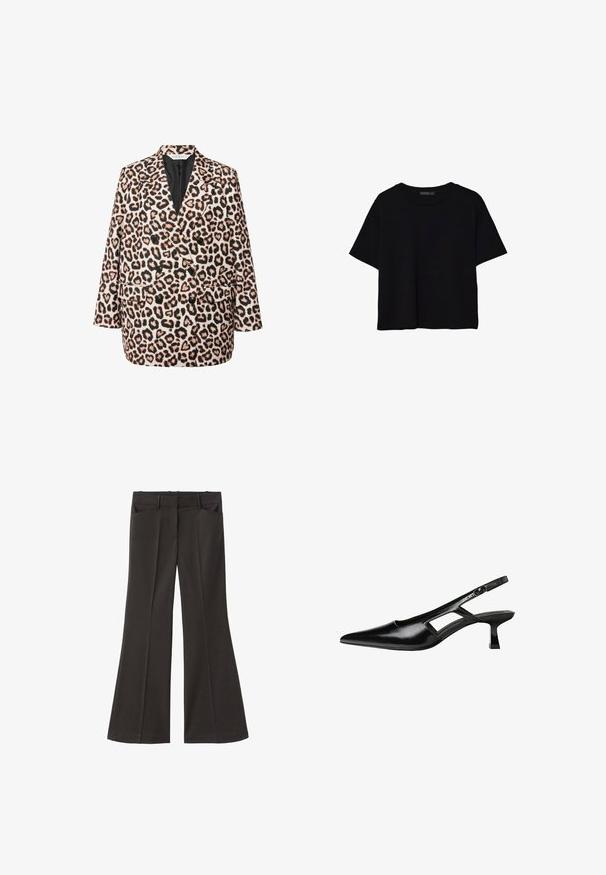 Dwurzędowa marynarka w wyrazisty wzór panterki z czarną podszewką; posiada cztery czarne guziki, dwie przednie kieszenie oraz luźny krój.; Stradivarius - T-shirt basic; Czarne spodnie z szerokimi nogawkami i wysokim stanem; posiadają dwie przednie kieszenie oraz gładką teksturę materiału. Idealne na różne okazje.; Czarne lakierowane czółenka na odkrytej pięcie z wąskim noskiem, z wykrojem po bokach i małym kwadratowym obcasem. Gładka faktura z minimalnymi akcentami.