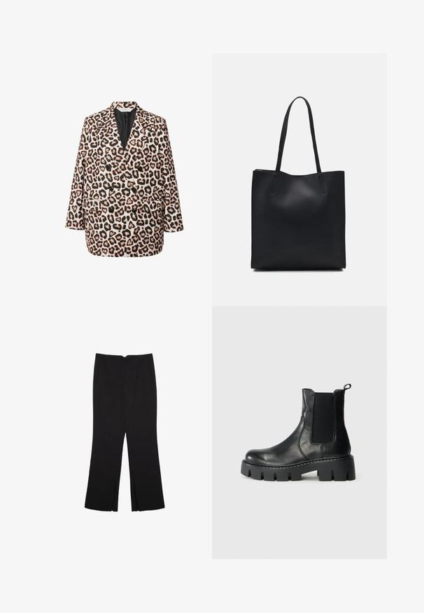 Blazer doppiopetto in stampa leopardata con fodera nera; dotato di quattro bottoni neri, due tasche frontali e una vestibilità rilassata.; T-shirt nera a maniche corte in cotone. Presenta un collo rotondo e una vestibilità ampia con una texture liscia e uniforme. Nessun motivo o accento visibile.; Pantaloni neri a gamba dritta, con tasche frontali e spacchi laterali all'orlo. Realizzati in tessuto morbido e liscio. Adatti a diverse occasioni.; Stivale alla caviglia in pelle nera con pannelli elastici laterali, suola spessa a rilievo e linguetta, su sfondo grigio chiaro, vista laterale.; Borsa tote in pelle nera con texture liscia, forma rettangolare e due manici lunghi. Nessun hardware o decorazione visibile.