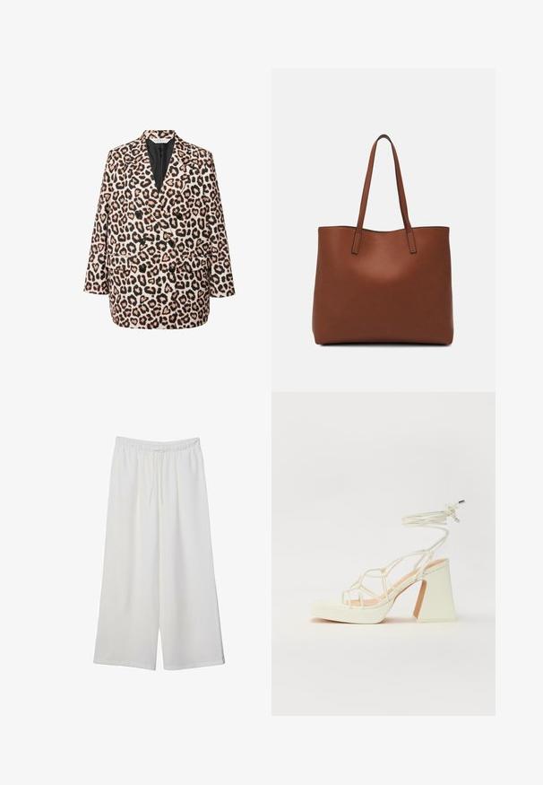 Leopardenmuster Doppelreiher-Blazer mit schwarzem Futter; ausgestattet mit vier schwarzen Knöpfen, zwei Fronttaschen und einer lässigen Passform.; Weißes T-Shirt mit kurzen Ärmeln und Rundhalsausschnitt, aus weicher Baumwolle gefertigt, mit einem schlichten, sauberen Design ohne sichtbare Muster oder Akzente.; Weiße, weit geschnittene Hosen aus leichtem Stoff, mit einem elastischen Bund und einem Zugband für eine verstellbare Passform. Glatte Textur.; Weiße High-Heel-Sandale mit einem klobigen Absatz, die über ein Riemchendesign und ein Knöchelband verfügt. Glatte Textur mit einer Plattform vorne für zusätzliche Höhe.; Braune Leder-Tote mit glatter Textur, offenem Oberteil und zwei Schulterriemen. Verfügt über minimale Nähte und keine sichtbaren Beschläge.