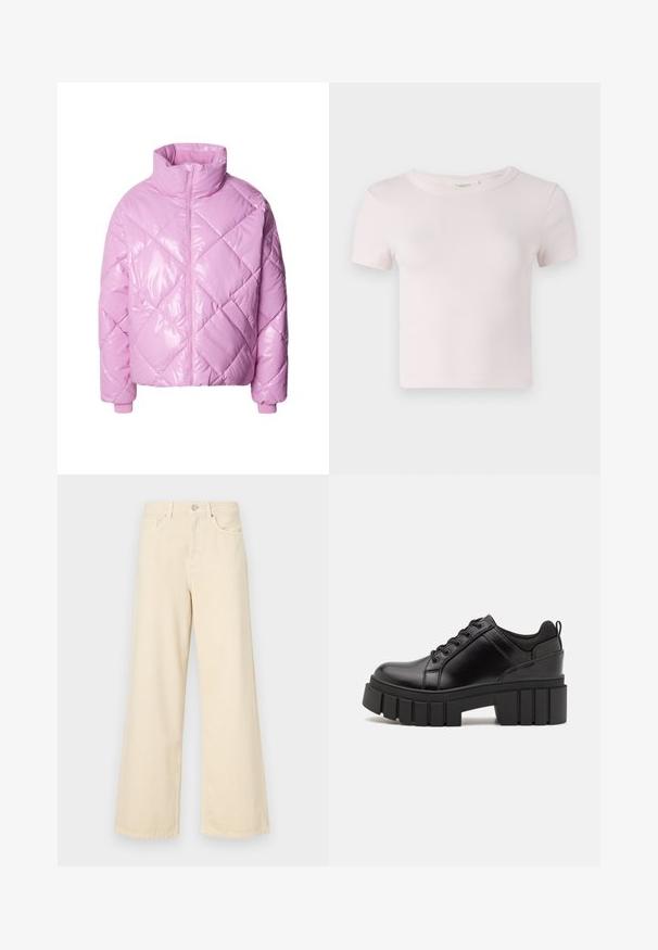 Jachetă căptușită de culoare roz deschis lucios, cu model cusut în diamante, guler înalt și închidere cu fermoar. Mânecile ribbate completează designul.; Tricou roz din bumbac cu mânecă scurtă, cu decolteu rotund și o croială lejeră. Textură netedă și design simplu, potrivit pentru îmbrăcăminte casual.; Blugi bej cu croi larg, din bumbac. Au închidere cu nasture, bucle pentru curea și buzunare frontale, cu o textură netedă și moale.; Pantofi cu talpă plată din piele neagră, cu toc gros, vârf rotund și design tradițional cu șireturi. Prezintă o textură netedă și detalii minime.