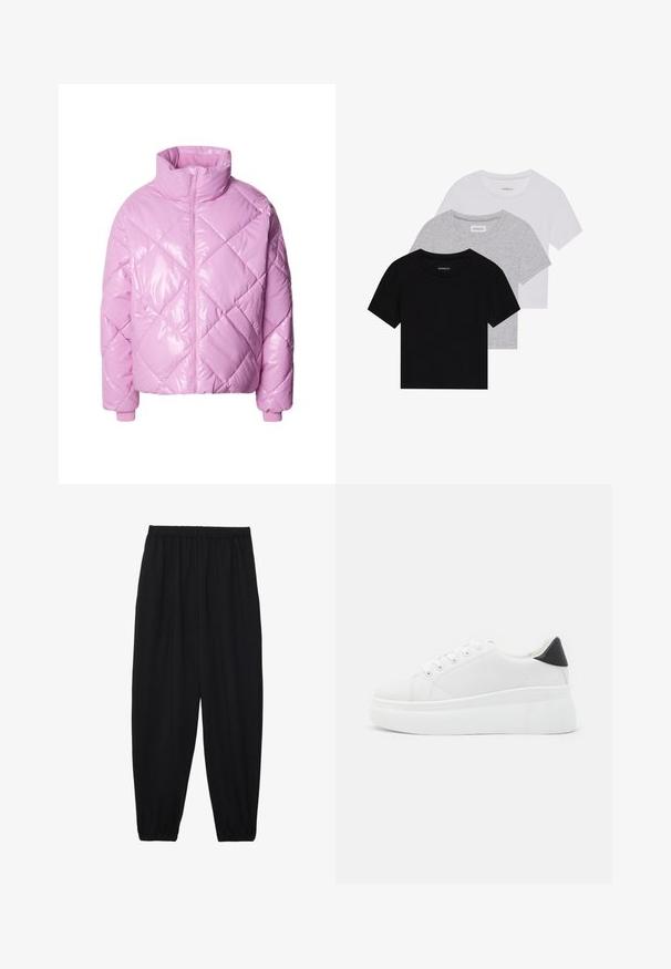 Padded jakna u sjajnoj svijetlo ružičastoj boji s dijamantnim quilted uzorkom, visokim ovratnikom i zatvaranjem na zip. Ribrasti manšeti zaokružuju dizajn.; Set od tri majice kratkih rukava u crnoj, sivoj i bijeloj boji. Izrađene od pamuka, s okruglim izrezom i jednostavnim, jednobojnim dizajnom.; Crne, lagane hlače s elastičnom stražnjom pasicom i naboranim gležnjevima. Tkanina je glatka i ima opušteni, suženi dizajn.; Bijele platforme tenisice napravljene od glatkog sintetičkog materijala, s okruglim vrhom, dizajnom s vezanjem i teksturiranom gumenom potplatom. Crni detalj na peti.