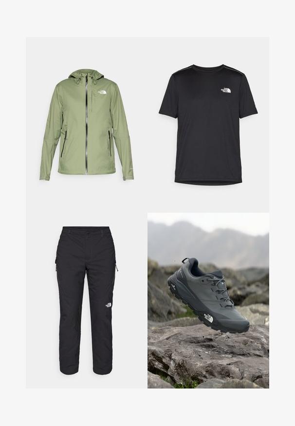 Lahka zelena vodoodporna jakna s kapuco, z zadrgo in dvema stranskima žepoma. Ima odsevne detajle in logo na prsih.; Črna kratkosleevena majica iz lahkotnega materiala. Ima majhen bel logo na levem prsnem delu in diskretne poudarke na ramenskem predelu.; The North Face WINTER EXPLORATION TAPERED CARGO  - Hlače za na prostem - black; Sive teka za trail tek, z teksturirano zgornjimi deli, trpežnim gumijastim podplatom in ojačanim kapico za prste. Ima vezi in logotip blagovne znamke na strani.