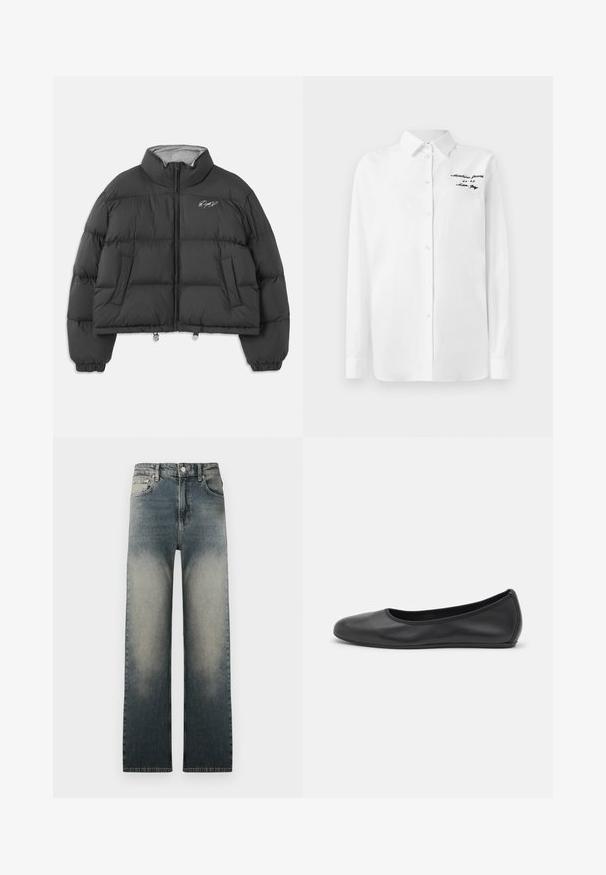 Juoda trumpa pūkinė striukė su aukštu apykakle, priekiniais užtrauktukais, šoniniais kišenėmis, guminiu rankogaliu ir balta siuvinėta parašu kairėje krūtinės pusėje.; Balta ilgomis rankovėmis marškiniai su apykakle ir juodu siuvinėtu tekstu "Moschino Jeans" viršutiniame kairiajame krūtinės kampelyje.; Aukštos juosmeniu tiesaus kirpimo džinsai su išblukusia šviesia ir tamsiai mėlyna džinsų skalbimo spalva bei klasikinio penkių kišenių dizainu.; Juodai odiniai baletai su apvaliu pirštu, lygi texture, minimalus siuvimo detales ir lanksčiu padų dizainu.