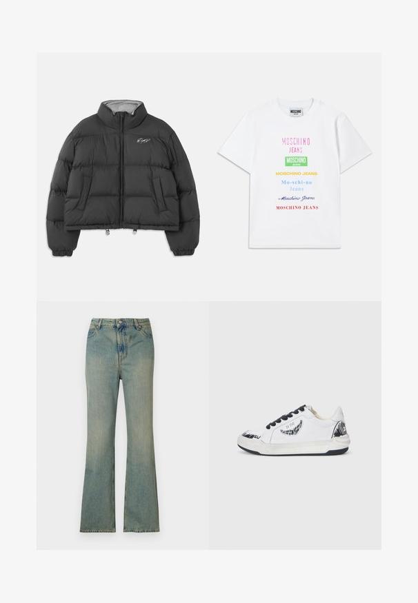 Črne skrajšane puhastke z visokim ovratnikom, sprednjim zadrgo, stranskimi žepi, elastičnimi manžetami in belim vezenim podpisom na levem prsnem delu.; Bela bombažna majica s številnimi logotipi v roza, zeleni, rumeni, modri in rdeči barvi, razporejeni vertikalno na sprednji strani.; Svijetloplave traper hlače s proširenim nogavicama i visokim strukom, pet džepova i patentnim zatvaračem. Čist, izbjeljeni izgled s suptilnim detaljima šivanja.; Bela teniska z črnimi detajli, ki ima teksturiran dizajn na strani, črne vezalke in gumijast podplat. Logotip in umetniško delo na zgornjem delu.