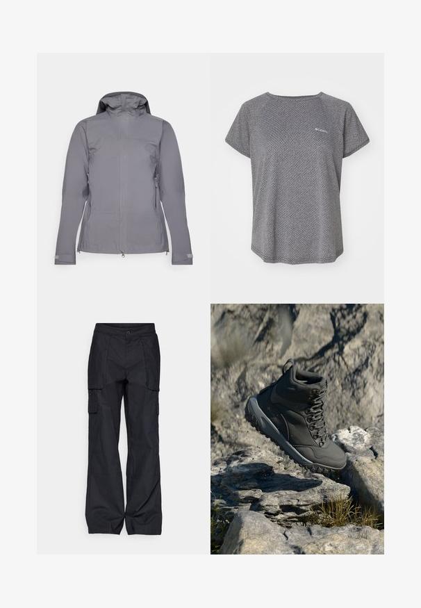 Siva vodoodporna jakna z kapuco, z dolgim sprednjim zadrgo in dvema stranskima žepoma z zadrgo; gladka tekstura in nastavljivi manšetni.; Siva majica s kratkimi rokavi z diskretnim teksturiranim vzorcem, okroglim izrezom in Columbia logotipom na prsih. Mehka tkanina, sproščen kroj.; Columbia BREA FALLS™ COTTON RIPSTOP PANT - Hlače za na prostem - black; Temno sivi pohodna čevlja iz sintetičnega materiala, z oblazinjenim ovratnikom, kovinskimi očesi in teksturirano gumijasto podplato za oprijem.