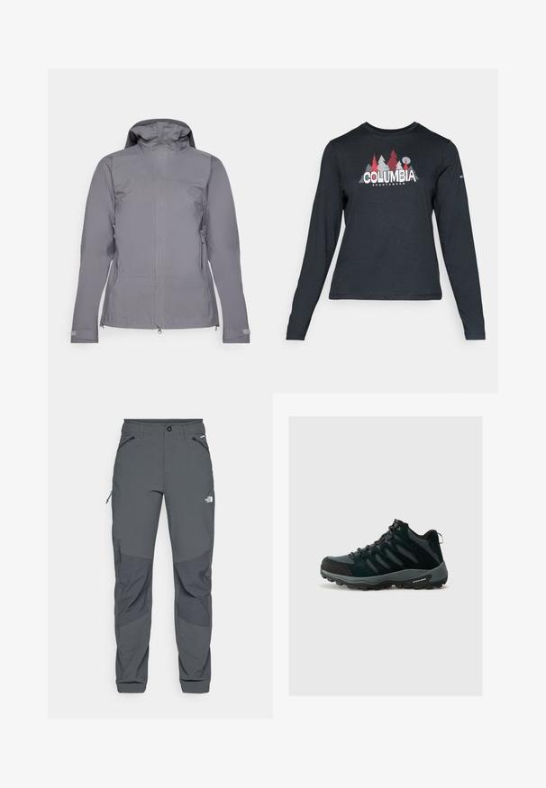Grå vanntett jakke med hette, helsrlig frontglidelås og to glidelåslommer på siden; jevn tekstur og justerbare mansjetter.; Langermet mørkegrå skjorte med grafikk av røde trær og fjell; "COLUMBIA" logo i fet hvit tekst. Mykt stoff, standard rund hals.; Mørkegrå utendørsbukser med forsterkede kneputer, glidelås i sidelommer og frontlommer, knappelukking, og The North Face-logo på låret.; Columbia REDMOND - Fjellsko - black/citron haze