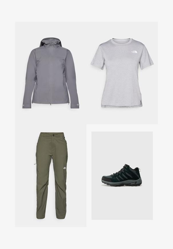 Giacca impermeabile grigia con cappuccio, zip frontale a lunghezza completa e due tasche laterali con zip; texture liscia e polsini regolabili.; T-shirt grigio a maniche corte realizzato in morbido tessuto traspirante. Presenta un collo tondo e un piccolo logo bianco nella parte superiore sinistra.; The North Face EXPLORATION PANTS - Pantaloni outdoor - new taupe green; Columbia REDMOND - Scarpa da hiking - black/citron haze