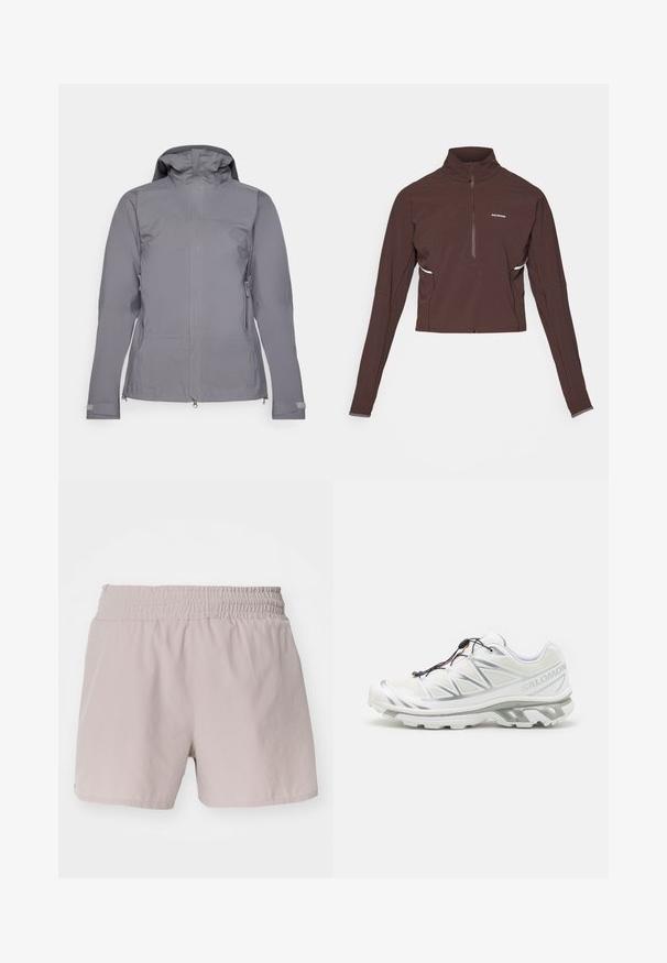 Chaqueta impermeable gris con capucha, cremallera frontal de longitud completa y dos bolsillos laterales con cremallera; textura suave y puños ajustables.; Sudadera deportiva de manga larga color marrón oscuro con cremallera de cuarto y cuello alto, pequeño logo blanco en el pecho y un sutil detalle en los laterales.; Pantalones cortos de color beige claro con una cinturilla elástica, textura suave y diseño sencillo. No presenta cierres visibles ni patrones.; Zapatilla deportiva blanca con parte superior texturizada, acentos reflectantes y suela gris. Presenta patrones triangulares acentuados y un sistema de cierre rápido.