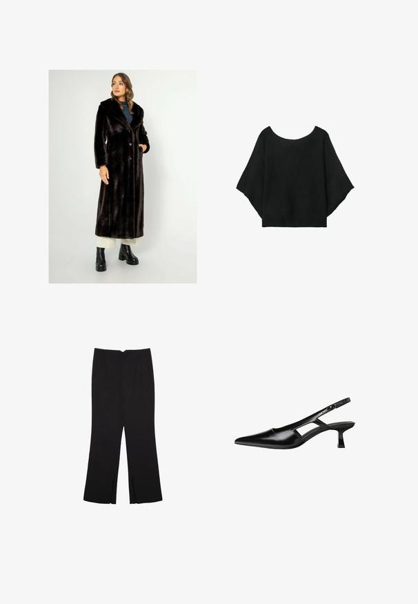 Dlouhý černý kabát z umělé kožešiny se širokým límcem, třemi knoflíky a bočními kapsami. Nosený s botami na širokém podpatku a krémovými kalhotami. Hladká textura.; Černý pletený top s širokými rukávy, kulatým výstřihem a volným střihem. Tkanina má žebrovanou texturu, bez zapínání nebo vzorů.; Černé kalhoty s rovným střihem, s předními kapsami a bočními rozparky na lemu. Vyrobené z jemné, hladké tkaniny. Vhodné na různé příležitosti.; Černé lakované lodičky na podpatku se špičatou špičkou, výřezovým designem na boku a malým čtvercovým podpatkem. Hladká textura s minimálními akcenty.