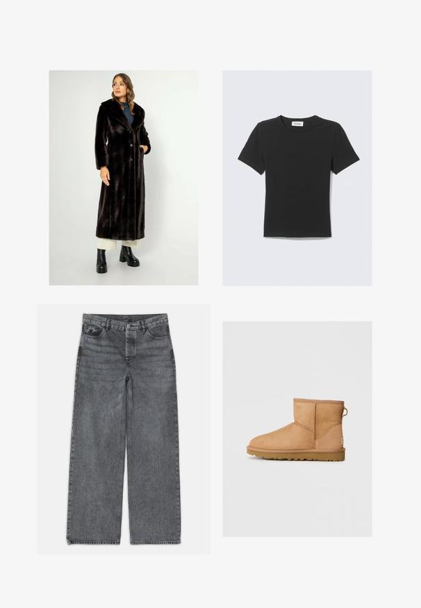 Dlouhý černý kabát z umělé kožešiny se širokým límcem, třemi knoflíky a bočními kapsami. Nosený s botami na širokém podpatku a krémovými kalhotami. Hladká textura.; Černé tričko s krátkým rukávem z měkké bavlny, s kulatým výstřihem a klasickým střihem, bez viditelných vzorů či zdobení.; Kalhoty s širokými nohavicemi v tmavě šedém denimovém materiálu. Vyznačují se vysokým pasem, pěti kapsami a předním zapínáním na knoflík. Hladká textura s jemným vyblednutím.; Světlé semišové kotníkové boty s kulatou špičkou, prošívanými detaily, poutkem vzadu a texturovanou gumovou podrážkou. Navrženo pro pohodlí a teplo.
