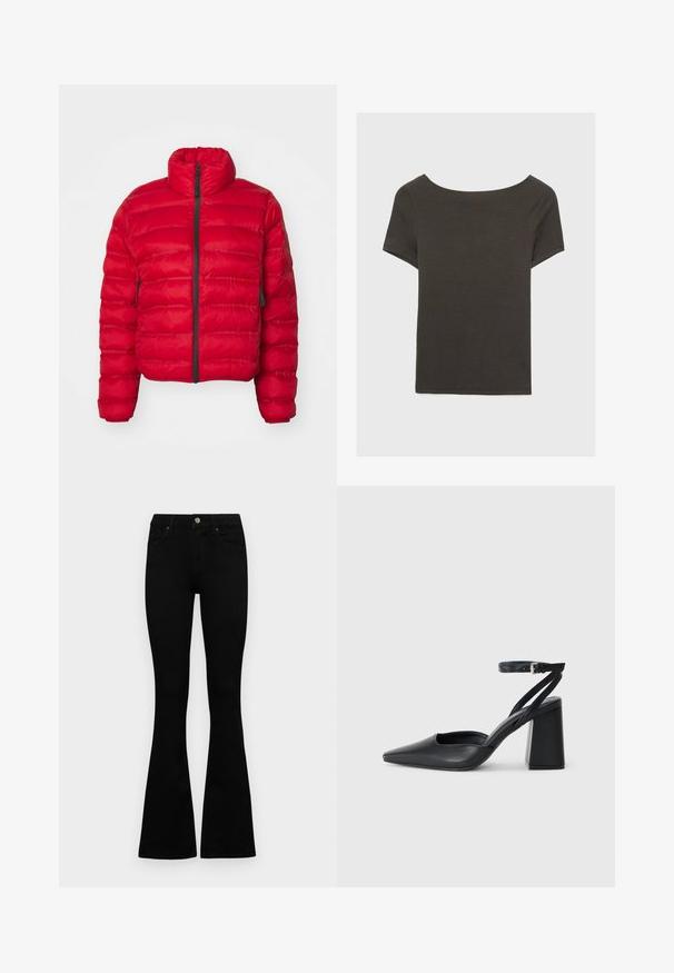 Rote Daunenjacke mit hohem Kragen, vorderem Reißverschluss und seitlichen Taschen. Verfügt über ein gestepptes Muster und ein verkürztes Design. Glattes Nylon-Außengewebe.; Dunkelgraues Kurzarmoberteil mit Bootsausschnitt. Hergestellt aus geripptem Stoff, mit lockerer Passform und sauberem Saum. Einfaches Design, ohne Muster.; Schwarze hochtaillierte Jeans mit einem Knopf- und Reißverschluss, Fronttaschen und ausgestellten Beinen, flach auf einem weißen Hintergrund ausgelegt.; Schwarze Leder-Pumps mit spitzer Zehe, einem Knöchelriemen und einem blockigen Absatz. Flache Textur, elegantes Design und minimalistische Ästhetik.