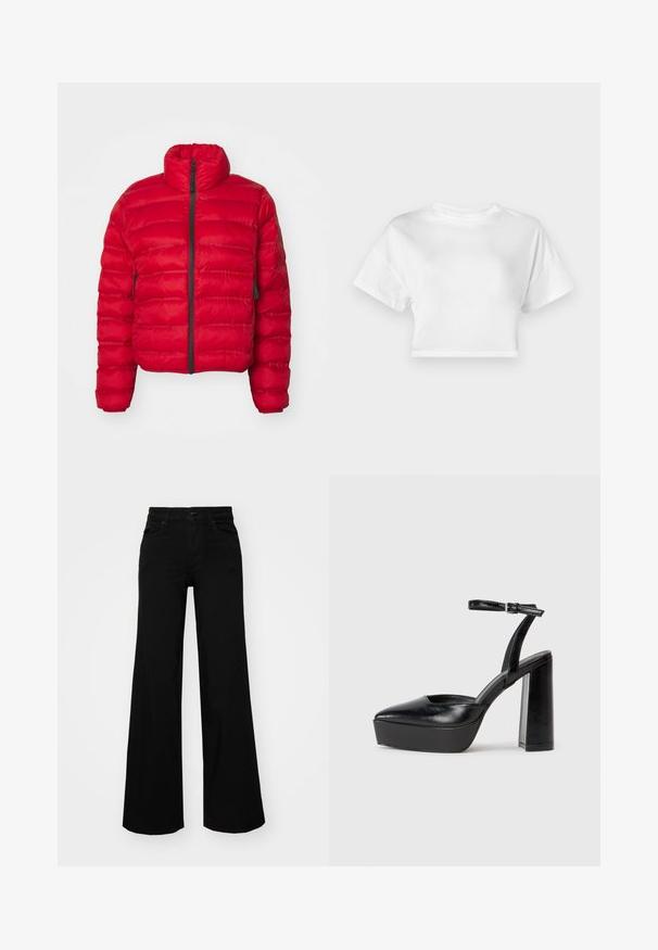 Rode pufferjas met een hoge kraag, een voorkruiip en zijzakken. Beschikt over een gewatteerd patroon en een cropped ontwerp. Gladde nylon buitenkant.; Witte cropped t-shirt van katoen. Korte mouwen, ronde halslijn, gladde textuur, casual ontwerp zonder patronen of versieringen.; Zwarte wijdvallende broek van denim, met een gestructureerde tailleband, riemlussen en voorzakken. Glad van textuur met een klassiek ontwerp.; Zwarte plateauhakken met een puntige neus en verstelbare enkelband. Gemaakt van soepel leer, met een robuuste blokhak.