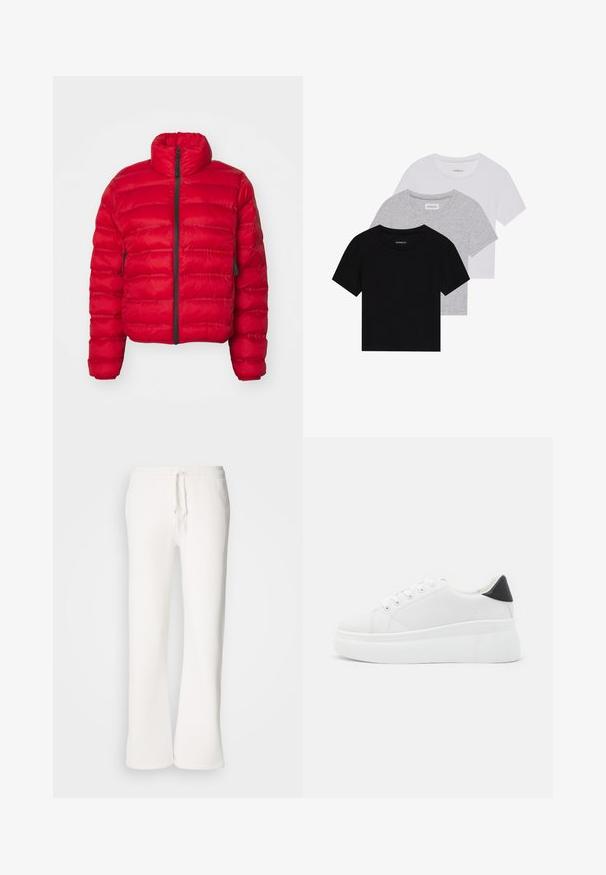 Sarkans pūkains jaka ar augstu apkakli, priekšējo rāvējslēdzēju un sānu kabatām. Iezīmējas ar izšūtu rakstu un īsu dizainu. Gluda neilona virsma.; Trīs īsām piedurknēm T-krekli melnā, pelēkā un baltā krāsā. Izgatavoti no kokvilnas, ar apaļu kakla izgriezumu un vienkāršu, viendabīgu krāsas dizainu.; Baltas, brīvi pieguļoši sporta bikses, izgatavotas no mīkstas auduma, ar elastīgu jostu un aukliņu, kā arī taisna kāju dizainu.; Baltas platforma kedas, izgatavotas no gludas sintētiskas vielas, ar noapaļotu purngalu, saites dizainu un teksturētu gumijas zoli. Melna papēža akcenta detaļa.