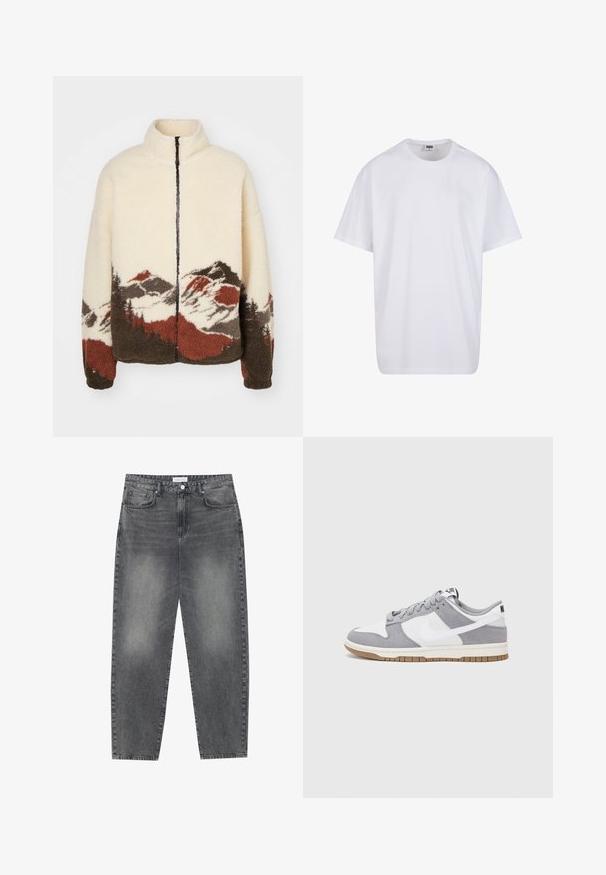 Jack & Jones JORMOUNTAIN ZIP JACKET - Giacca da mezza stagione - ecru; Maglietta bianca in cotone con maniche corte, scollatura rotonda, vestibilità comoda e senza loghi o motivi visibili. Texture liscia e design minimale.; Jeans a vita alta, dal taglio ampio in denim nero sbiadito. Presentano cinque tasche, passanti per cintura e un design dritto e pulito.; Sneaker grigia e bianca con tomaia in suede e pelle, punta arrotondata, lacci piatti e soletta in gomma con un accento color caramello.