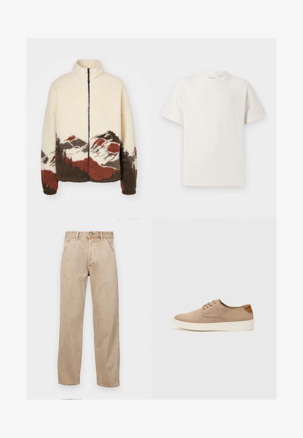 Jack & Jones JORMOUNTAIN ZIP JACKET - Lengva striukė - ecru; Balta trumpa rankovė T-polo marškinėlių su juostelėmis tekstūra. Apvalus iškirpimas, laisvas fasonas, jokių matomų raštų ar akcentų. Paprastas ir universalus dizainas.; Smėlio spalvos džinsai su tiesia kojų siluetu, turintys priekinę kišenę, metalinį mygtuką ir subtilią tekstūrą.; Bežiniai zomšiniai sportbačiai su apvaliomis pirštų dalimis, raišteliais priekyje ir tekstūruotu užkulniu. Balta guma suteikia kontrastą. Paprastas ir modernus dizainas.