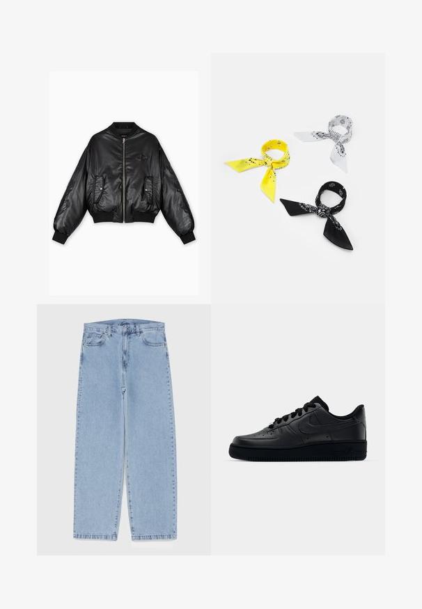 Čierna kožená bomber bunda s rebrovanými manžetami a lemom, predným zipsom, dvoma bočnými vreckami a embosovanými detailmi na rukávoch.; Biely bavlnený tielko s okrúhlym výstrihom, širokými ramennými popruhmi a rovnom spodným lemom, ktoré má hladkú textúru a žiadne viditeľné vzory.; Svetlomodré denimové džínsy s rovnými nohavicami, s polovysokým pásom, piatimi vreckami a zapínaním na gombík a zips.; Čierne tenisky Nike Air Force 1 s hladkým koženým zvrškom, perforovanou špičkou pre priedušnosť, čiernymi šnúrkami a textúrovanou gumovou podrážkou.; Tri zástery: jedna žltá s čiernymi vzormi, jedna biela s čiernymi dizajnmi a jedna čierna s bielou grafikou. Všetky sú štvorcové, z ľahkej látky.