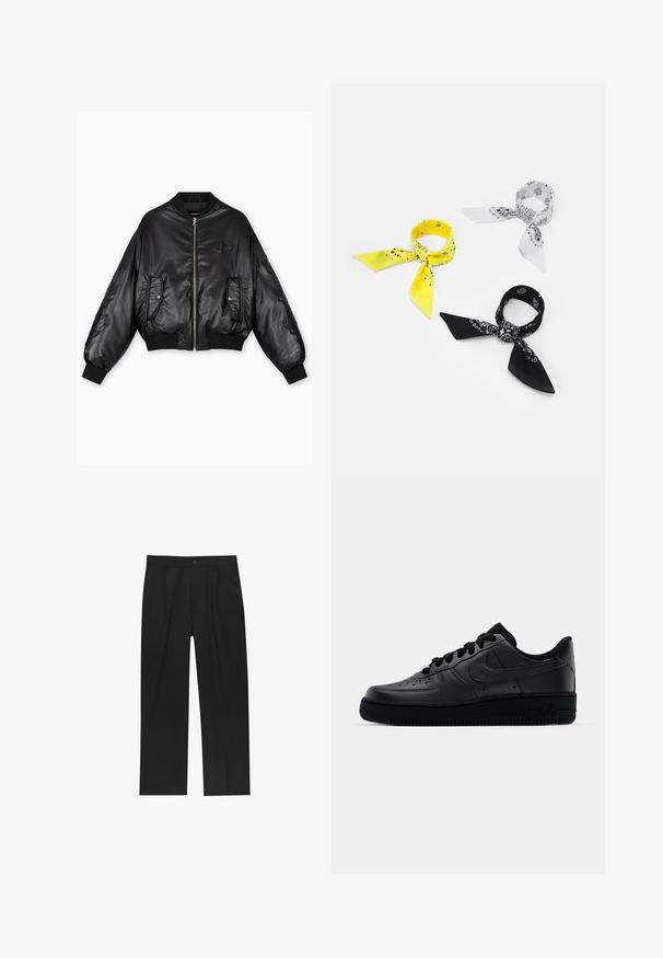 Svart läderbomberjacka med ribbade muddar och nederkant, framfickslås, två sidofickor och präglade detaljer på ärmarna.; Vit bomull t-shirt med korta ärmar, rundad halsringning, avslappnad passform och utan synliga logotyper eller mönster. Slät textur och minimal design.; Svarta byxor med rak ben-design, tillverkade av ett jämnt tyg. Har framfickor och en enkel knapplåsning i midjan.; Svart Nike Air Force 1-sneaker med en slät läderöverdel, perforerad tå för andningsförmåga, svarta snören och en strukturerad gummisula.; Tre bandanas: en gul med svarta mönster, en vit med svarta design och en svart med vita grafik. Alla är fyrkantiga och tillverkade av lätt tyg.