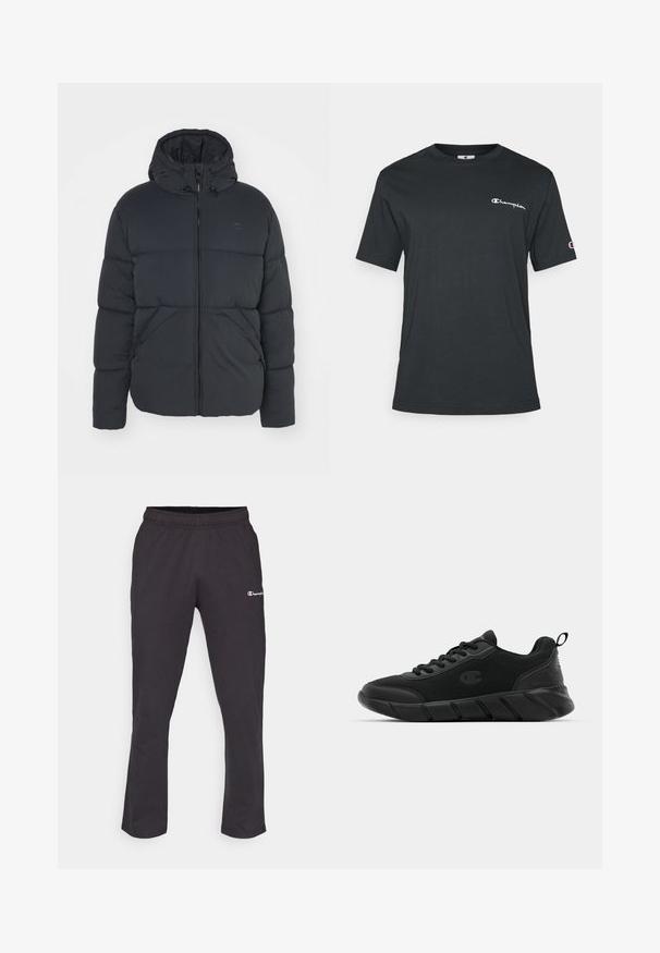 Champion Rochester ICONS HOODED JACKET - Vinterjakke - black; Svart bomulls t-skjorte med korte ermer, rund hals, prydet med en hvit "Champion"-logo på brystet og en liten logo på ermet.; Svart joggebukse med elastisk midje, med en liten hvit logo på venstre lår og et rett ben-design. Mykt bomullsblandingsmateriale.; Sorte svarte treningssko med mesh-overdel, forsterket tå, teksturert mellomsåle og bakre stroppe for enkel påkledning. Logo vist på siden.