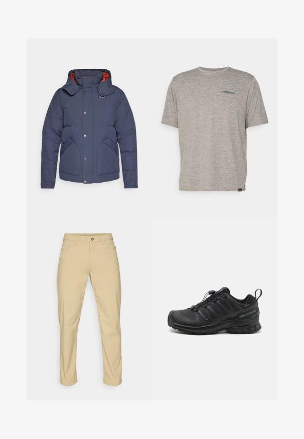 Patagonia DOWNDRIFT JACKET - Sulejope - smolder blue/burnished red; Hall tootega hall T-särk lühikeste varrukatega, pehmest tekstuuriga kangast, millel on vasakul rinnal väike sinine Patagonia logo. Täiendavaid mustreid pole.; Patagonia QUANDARY PANTS - Õuepüksid - classic tan; Must have piisii mustriga sünteetiline pealis, pehme tallaga ja kiire lukkusüsteemiga mustad spordijalatsid. Omab tugevdusi varba- ja kannaosas.